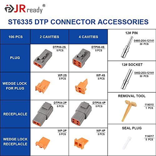 JRready ST6335 Deutsch DTP 2/4 Pin Connector Kit, Size 12 Solid Contacts - size: DTP Kit (106pcs)
