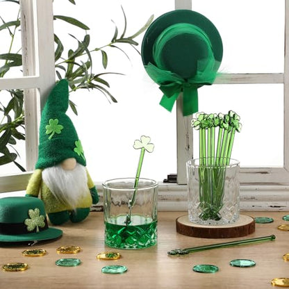 Qinyoung 12 Pcs St. Patrick's Day Glass Drink Stirrers 7 Inch Swizzle Sticks for Cocktails Coffee Reusable Green Shamrock Beverage Stir Sticks for Irish Festival Party Coffee Bar Kitchen Bar - style: Green Shamrock