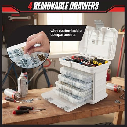 Stalwart Portable Tool Box Small Parts Organizer with Drawers, White