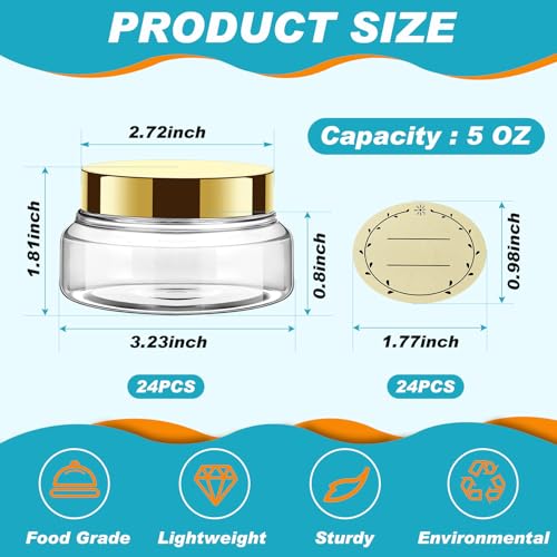 24 Pack Plastic Cosmetic Jars with Lids Label, 5 oz, Gold - color: Gold, size: 5 oz