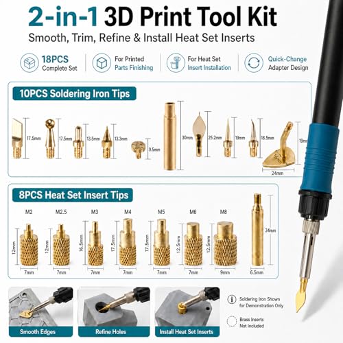 18 Pcs 3D Print Smoothing Tool Kit with Heat Set Insert Tips, Brass Soldering Iron Tips for 3D Printed Parts Finishing, Trimming, Deburring and Threaded Insert Installation