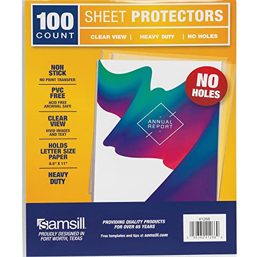 Samsill No Hole Sheet Protectors, 100 Pack, 8.5 x 11 Inch Page Protector, Heavy Duty, No Hole Document Sleeve, Letter Size, Top Loading, Acid Free - size: 100 Pack