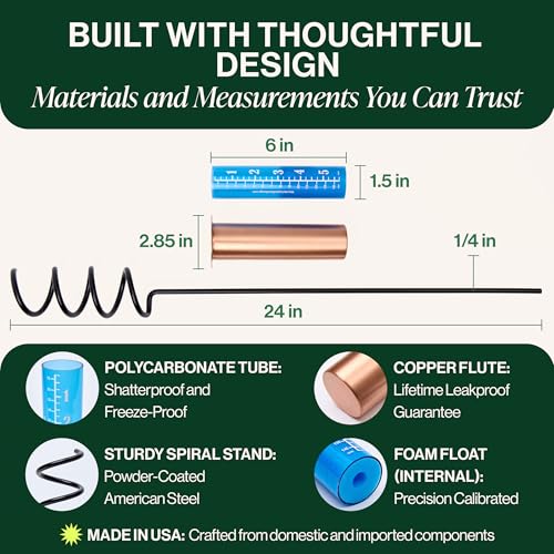 WCRG Copper Rain Gauge for Yard, Steel Stake - Outdoor Sprinkler Gauges, Shatterproof, Winter-Safe, Accurate, Decorative - The Original Floating Rain Gauge, USA Assembled & Designed - size: Stake