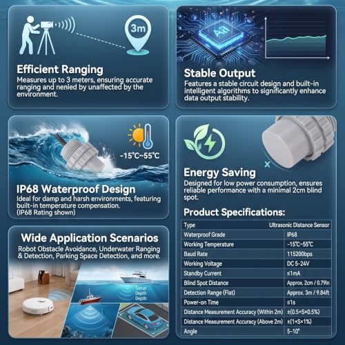 Efficient Ranging Ultrasonic Distance Sensor IP68 with Stable Output for Robot Obstacle Avoidance Parking Space Detection Underwater