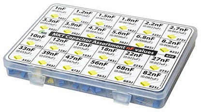 nF Values - MKT Polyester Box Capacitor Kit Assortment 350 pcs 24 Values 63V, All nF Values, 1nF, 1.2nF, 2.2nF, 2.7nF, 3.3nF, 4.7nF 10nF, 12nF, 15nF, 18nF, 27nF, 33nF, 39nF, 47nF, 56nF, 68nF, 82nF