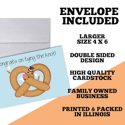 Amanda Creation Funny Wedding Card for Bride and Groom, 4x6 Blank Inside with Silver Envelope, Pretzel Newlywed Congratulations Greeting - style: Pretzel