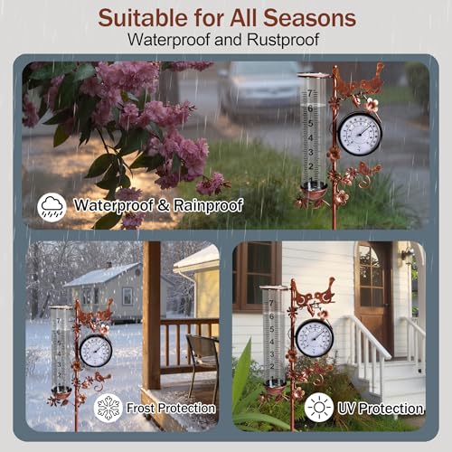 Rain Gauge Outdoor with Thermometer, Accurate & Easy to Read - color: Copper Hummingbird