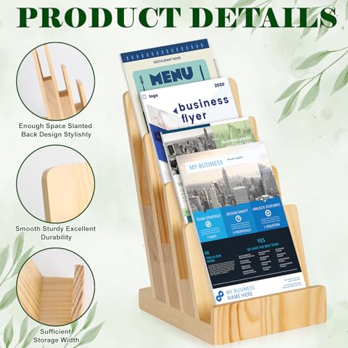 4 Tier Pine Wood Brochure Display Stand 6 x 9 inch Brochure Holder Pamphlet Display Stand for 5.5 x 8.5 inch 5 x 7 inch Booklets Menus Postcard Holder Multi Purpose Organizer - color: Wood Color Pine
