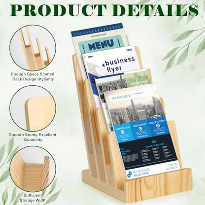 4 Tier Pine Wood Brochure Display Stand 6 x 9 inch Brochure Holder Pamphlet Display Stand for 5.5 x 8.5 inch 5 x 7 inch Booklets Menus Postcard Holder Multi Purpose Organizer - color: Wood Color Pine