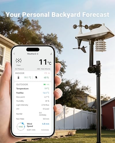 16-in-1 WiFi Weather Station with Air Quality Monitor, Large Color Display, APP Remote Control, Rain & Wind Sensor, UV & Light Intensity, Wireless for Home Garden Patio