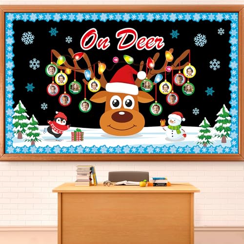 Christmas Reindeer Bulletin Board Set Winter Deer Bulb Classroom Decoration Xmas Large Elk DIY Photo Crafts Cutouts Snowflakes Bulletin Board Border for Holiday Party Classroom Wall Decor - style: Christmas Reindeer