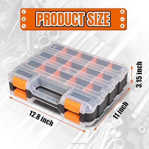 Jack Boss Tool Box with Transparent Lid, Double Side 34-Compartments Organizer Box with Removable Dividers for Hardware, Screws, Bolts, Nails, Beads, Jewelry and Fishing Accessories, Orange, 4 Pack - color: Orange, size: 4 PACK