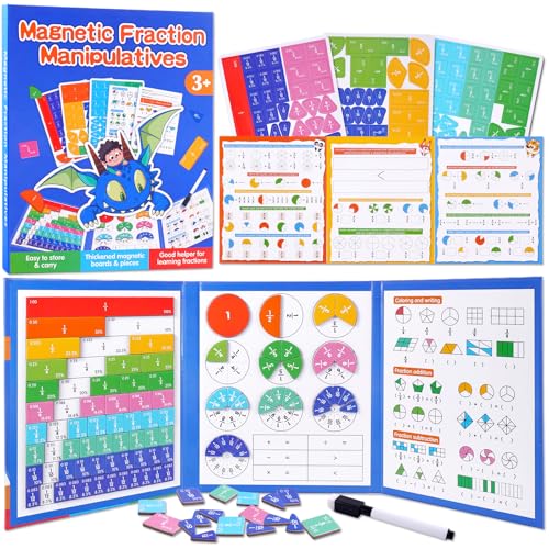 Magnetic Fraction Educational Puzzle, Magnetic Fraction Demonstration Book, Fraction Tiles & Circles, Montessori Math Manipulatives for Elementary School, Fraction Learning Toys for Kids - color: Dinosaur