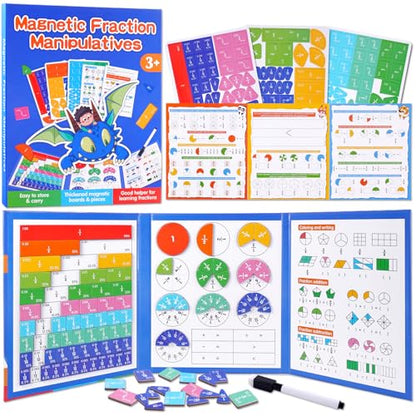 Magnetic Fraction Educational Puzzle, Magnetic Fraction Demonstration Book, Fraction Tiles & Circles, Montessori Math Manipulatives for Elementary School, Fraction Learning Toys for Kids - color: Dinosaur