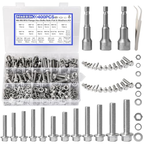 400pcs Flange Hex Bolts and Nuts Kit, Hakkin M6 M8 M10 (12mm to 40mm) Metric Hex Head Flange Bolts Flat & Spring Lock Washers, Stainless Steel 304 Flange Nuts Assorted Set, Hex Socket Included - size: C. M6 M8 M10