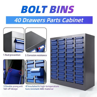 40 Drawer Alloy Steel Nut and Bolt Organizer, Tool Cabinet with Label Slots & Dividers. Single Drawer 7.8" L x 3.9" W x 2" H. for Workshops & Home Garages.