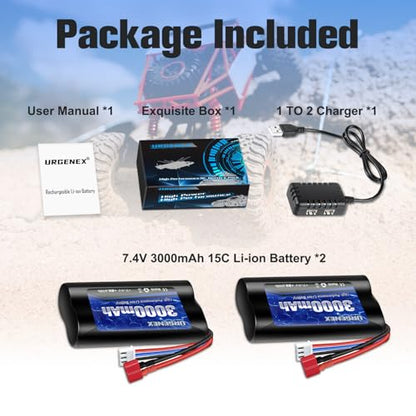 Li-ion Battery 7.4V 3000mAh High Capacity with Dean-Style T Plug 2S Rechargeable RC Battery Fit for WLtoys 4WD High Speed RC Cars and Most 1/10, 1/12, 1/16 Scale RC Cars Trucks with Charger