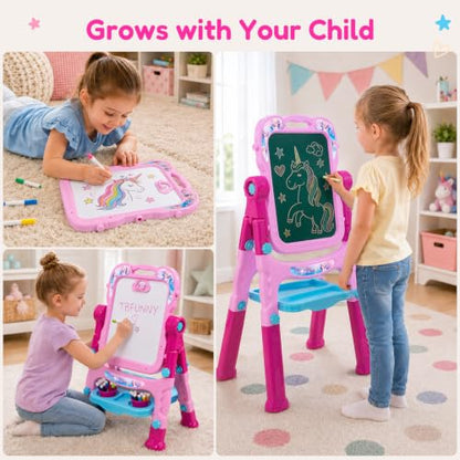 Easel for Kids, Double-Sided Magnetic Drawing Board with Art Set - color: Pink