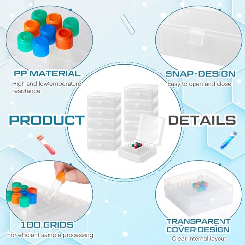 Kingdder 10 Pack 100 Holes Centrifuge Tube Cryogenic Storage Box with Snap Clasp Polypropylene Freezer Box Centrifuge Tubes Holder Rack with Lid Fit 0.5/1.5/2.0 ml for Lab Vial Storage(White) - color: White
