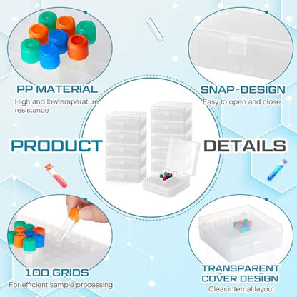 Kingdder 10 Pack 100 Holes Centrifuge Tube Cryogenic Storage Box with Snap Clasp Polypropylene Freezer Box Centrifuge Tubes Holder Rack with Lid Fit 0.5/1.5/2.0 ml for Lab Vial Storage(White) - color: White