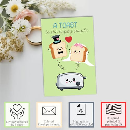 Amanda Creation Funny Wedding Card, 4x6 Blank Inside with Silver Envelope, A Toast to the Newlyweds Bread & Toaster Bride and Groom Greeting - style: Toast