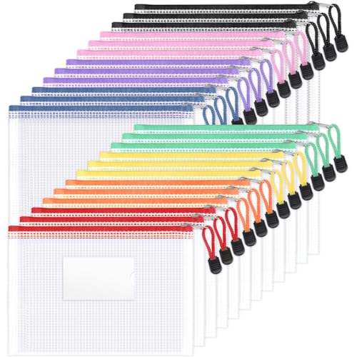 Sooez 24 Pack Mesh Zipper Pouch Bags with Label Pocket, A5 (9.4×6.8 in) - size: A5