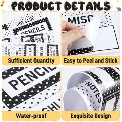 54Pcs Teacher Toolbox Labels Classroom Decoration Self-Adhesive Polka Dot Toolbox Sticker Black White Tool Box Storage Decal Black White Dot Organizer Container Decor for Back to School Teacher Supply - style: Polka Dot