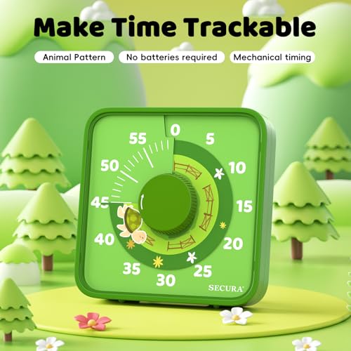 Secura 7.5-Inch Animal Pattern Visual Timer for Kids, 60-Minute Countdown Timer for Classroom or Kitchen, Durable Mechanical Timer Clock with Magnetic Backing (Green) - color: Animal & Green
