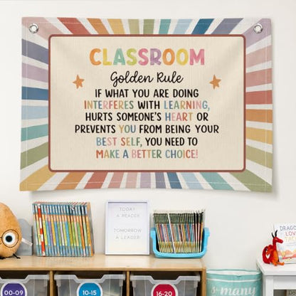 Rainbow Classroom Golden Rule Decor Canvas Wall Hanging Banner - color: 02-Classroom Golden Rule - Retro Rainbow