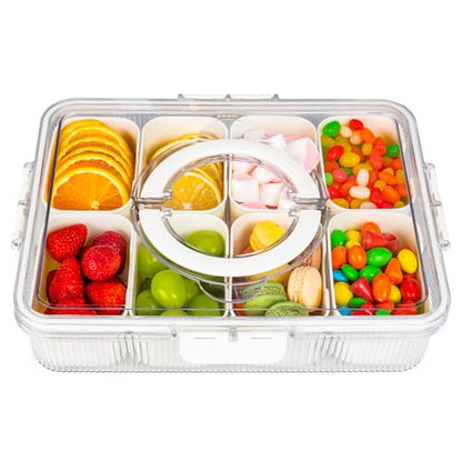 Patent Design Ribbed Snackle Box Container Snack Container Divided Serving Tray with Lid and Handle, 8 Divider Portable Snacklebox for Travel Beach for Charcuterie Veggie Fruit Candy,1 Pack - color: White