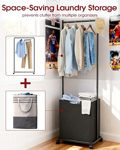 Sakugi Laundry Clothes Rack with Basket & Wheels, 16.6x12.6x68.9, Black