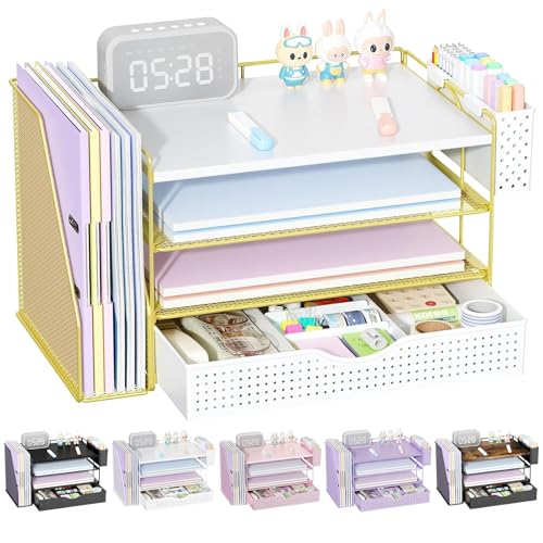 Wood Desk Organizers and Accessories with File Holder & Catalog Racks - color: Gold