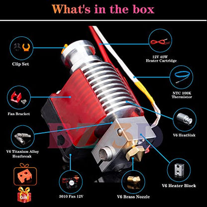 V6 All Metal Hotend Full Kit,12V 40W Direct & Bowden J-Head Hotend,Titanium Alloy Heatbreak,Cooling Fan and Bracket for 3D Printers V6 Hotend,Titan,Dual Driver Extruder. - size: V6 Hotend Kit, style: 12V Kit