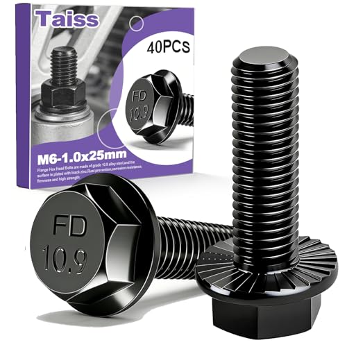 Taiss 40PCS M6-1.0 x 25mm Metric Flange Hex Head Bolts,Hex Drive Screws 10.9 Black Zinc Plated Alloy Steel,M6x1.0 Bolt,Full Thread Hex Bolts - color: BK M6x25mm
