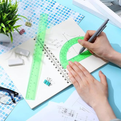 Zonon 2 Pcs 12 Inch Clear Ruler and 6 Inch Plastic Protractor Set, Green - color: Green