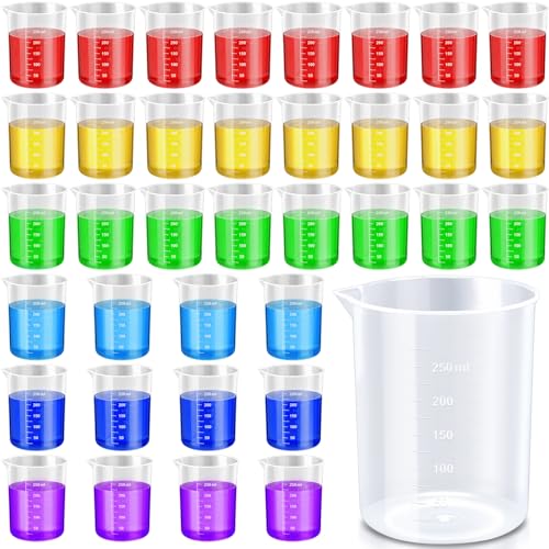 Tanlade 36 Pcs Plastic Beakers Transparent Lab Measuring Cup Clear Liquid Measuring Mixing Cups Raised Graduations, Tapered Spout for Laboratories, Classrooms, Home (250 ml) - size: 250ml
