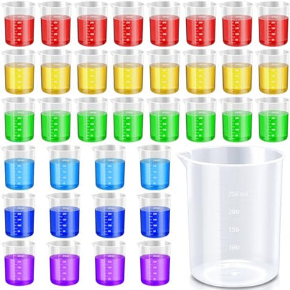 Tanlade 36 Pcs Plastic Beakers Transparent Lab Measuring Cup Clear Liquid Measuring Mixing Cups Raised Graduations, Tapered Spout for Laboratories, Classrooms, Home (250 ml) - size: 250ml