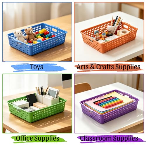 6 Pack Plastic Classroom Storage Bins with 6Pcs Small Baskets, Colorful Turn in Paper Trays for Classroom,Teachers, Students(13.6”×10.6”×3.1”) - color: Rainbow