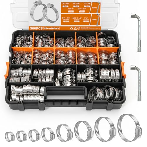 300PCS Stainless Steel Hose Clamp Assortment Kit, 8 Sizes, 1/4"-2" - color: Silver, size: 1/4"~2"(300pcs)