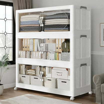 180QT Extra Large Stackable Storage Bins with Lid, 45Gal Plastic Closet Organizers and Storage Drawer, Collapsible Cabinet Box with Wheels Clear Doors for Home Kitchen Office, 3Pack White - size: 60QT