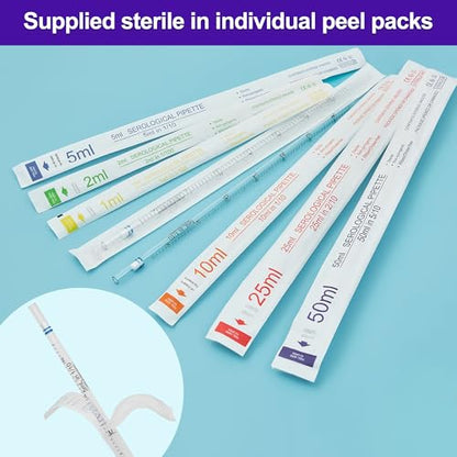 Polystyrene Serological Pipettes, Individually Wrapped, Sterile Plastic Graduated Pipette 50ml, Pack of 25 - size: 50ml-25pcs