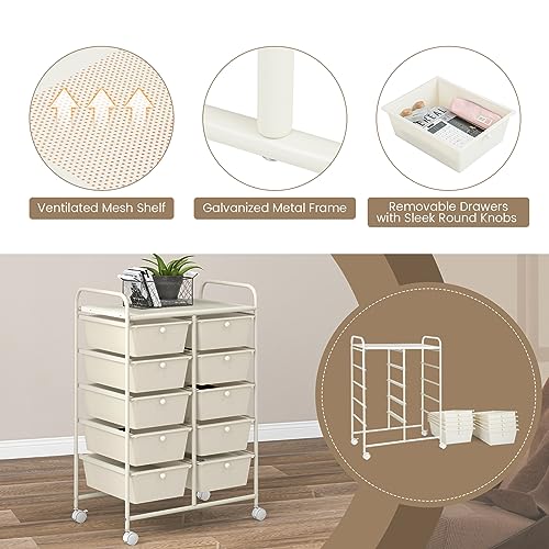 COSTWAY 10 Drawer Rolling Storage Cart, Utility Cart with Lockable Wheels - color: White, size: 10 Drawer