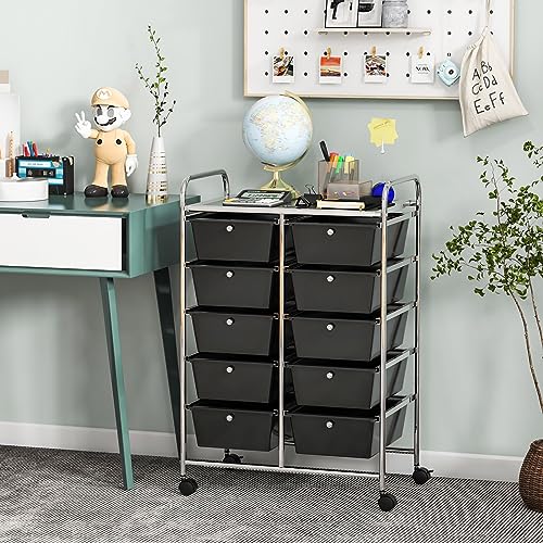 COSTWAY 10 Drawer Rolling Storage Cart, Utility Cart with Lockable Wheels - color: Black, size: 10 Drawer