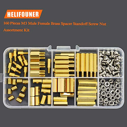 HELIFOUNER 160 Pieces M3 Male Female Hex Brass Spacer Standoff Screw Nut Assortment Kit - size: M3 Brass Standoff Kit