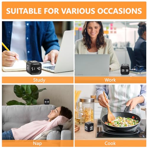 GuDoQi Multi-Function Cube Timer, 5/10/30/60 Min & Custom Count Down, Included Pause & Resume Feature, Silent, Vibrate & Adjustable Sound Alarm for Productivity in Tasks, Study & Kitchen, Black - color: Black