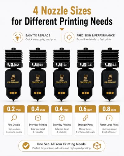 5 Pack Hotend Nozzle Kit with 0.2/0.4/0.4/0.6/0.8MM Bambu Lab H2D/H2S/H2C Combo/X2D/P2S/A1/A1mini 3D Printer, Hardened Steel Quick Swap Nozzle Replacement, High Temperature Extruder Parts - color: 5pcs black 0.2/0.4/0.6/0.8mm P2S hotend