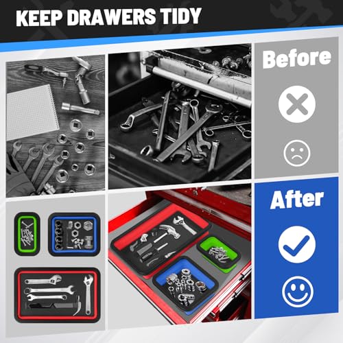 Collapsible Magnetic Parts Tray Set, 3 Different Size Tool Trays - color: Red (L) + Blue (M) + Green (S)