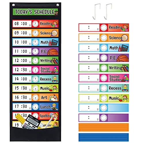 Daily Schedule Pocket Chart Kit,40 Bright Attractive Double-Sided Reusable Erasable Cards,1 Title Card,13+1 Scheduling Pocket Chart with 2 Hangers for Classroom Office Home Preschool Learning (Black) - color: Black