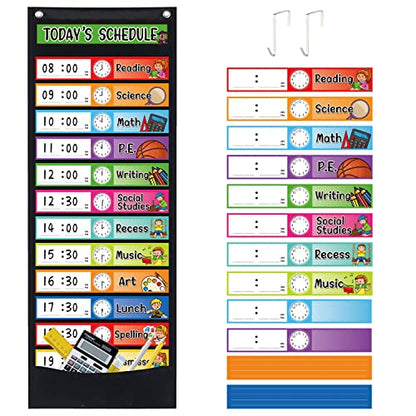 Daily Schedule Pocket Chart Kit,40 Bright Attractive Double-Sided Reusable Erasable Cards,1 Title Card,13+1 Scheduling Pocket Chart with 2 Hangers for Classroom Office Home Preschool Learning (Black) - color: Black
