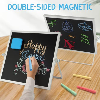 Small Magnetic Chalk Board Easel 10"X10", Double-Sided Tabletop & Wall Hanging Chalkboard with 4 Chalks & Eraser, Desktop Mini Black Board Sign for Office Desk Home Menu and School - size: 10" x 10"
